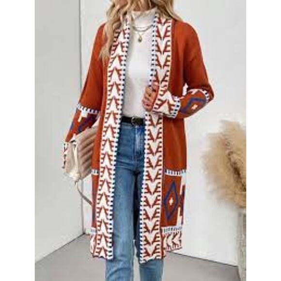 SHEIN‎ Women’s Long Sleeve Geometric Open Front Sweater Coat Size M Brown Blue - Picture 1 of 6